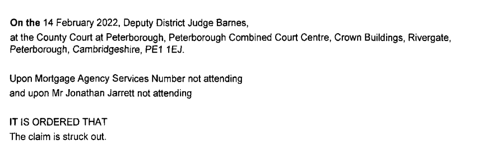 Cropped 14 February 2022 County Court order recording that the claim is struck out