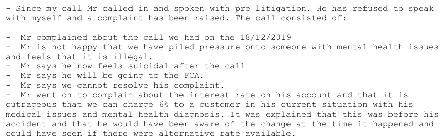 Later section of CSAT referral recording suicidal distress after the 18 December call