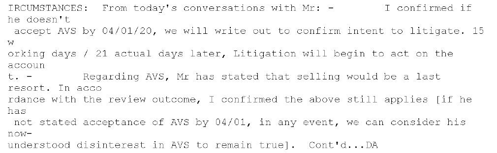 Bank call note, late December 2019: if AVS not accepted by 4 January, intent to litigate; selling would be a last resort