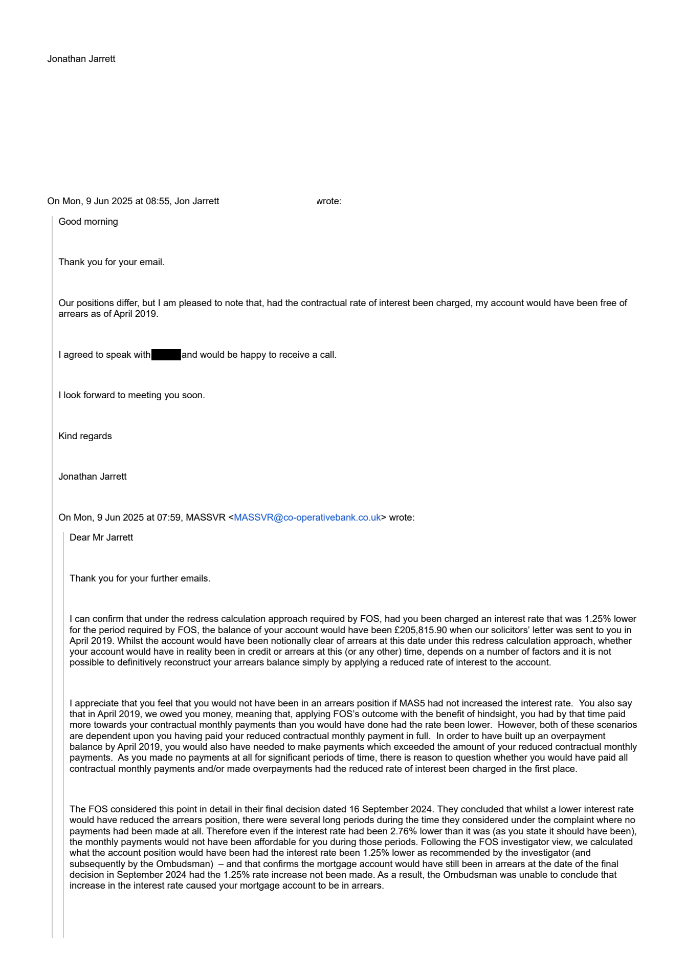 Selected 9 June 2025 email thread with my reply and the Bank's acknowledgement that April 2019 was notionally clear of arrears